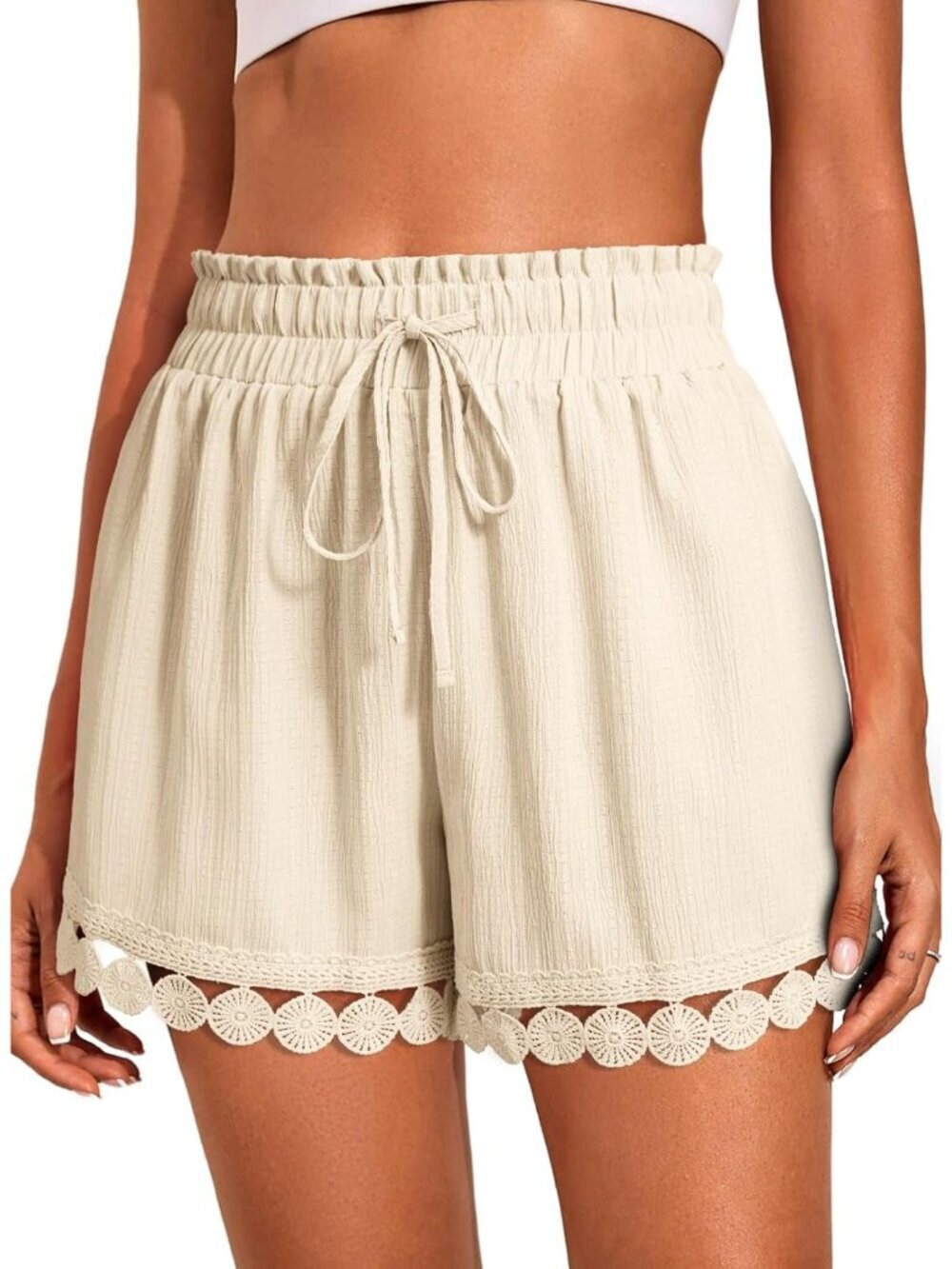 Womens Shorts Summer Casual Loose Elastic Waist Drawstring Lace Boho Beach Cover